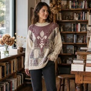 Vintage Mauve Cream Fleur de Lis Bobble Knit Sweater Medium Longline Ramie
